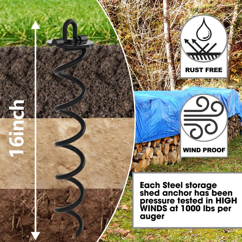 Eurmax USA 4-Pc Pack Spiral Stakes Heavy Duty Anchor Kit Ice Screw Anchor for Trampoline, Tents, tarps, Canopies,car Ports,Dog tie Out and etc Bonus Tie Down Straps 4-Pc Pack (Black) - Image 3